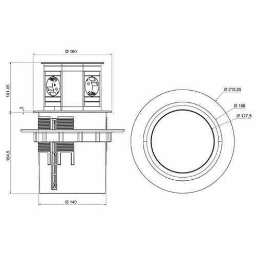 Steckdoseneinheit LIFT, 3 x Schuko + 2 x RJ45/RJ45, Deckel schwarz