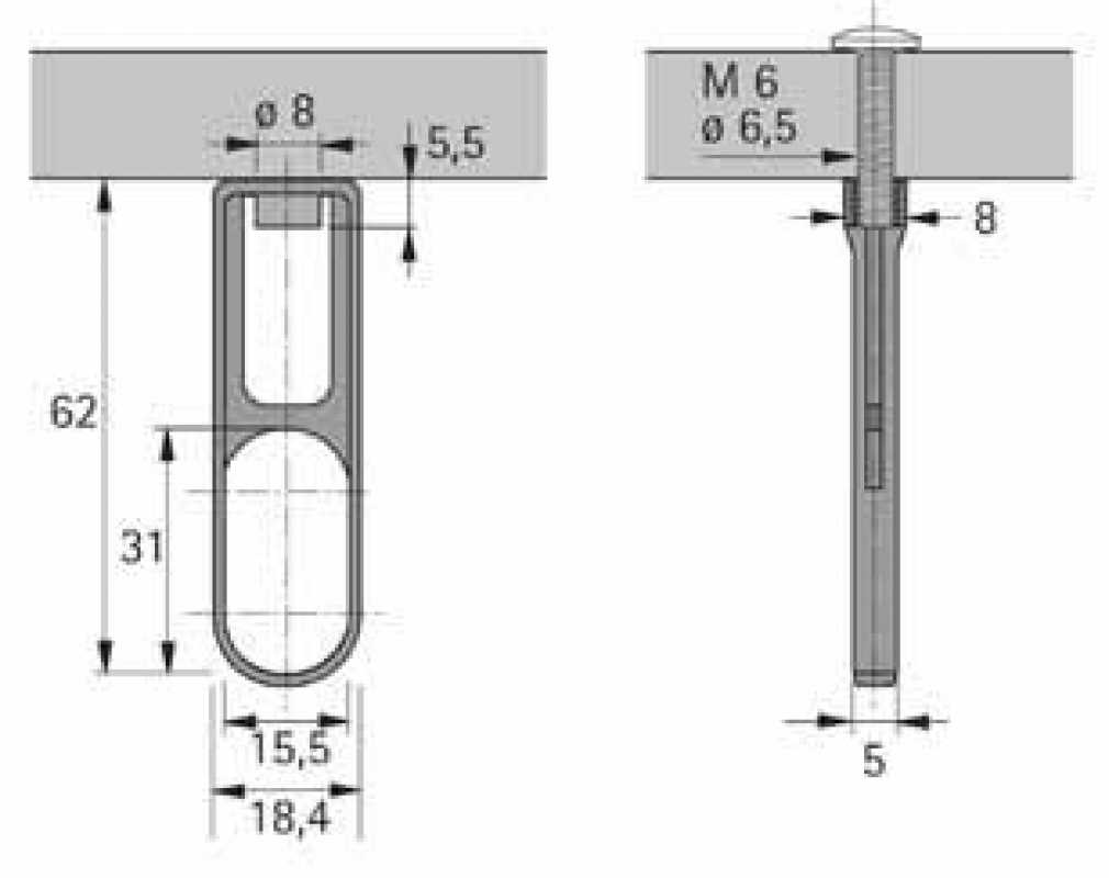 Schrankrohr-Mittellager für Ovalrohr 15 x 30 mm